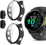 Compatible for Garmin Forerunner 970 Case with Dust Plug, Lamshaw Hard PC Case with Tempered Glass Screen Protector with Silicone Dust Plug Compatible with Garmin Forerunner 970 (2 Pack-Black+Black) - Image 2