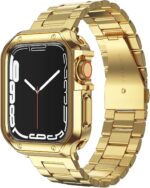 Compatible with Apple Watch Band and Case, Stainless Steel Metal Chain with TPU Cover, Smart-Watch Link Bracelet Strap, Wrist-Band for i-Watch Series 9 8 7 6 5 4 3 2 1 SE, 45mm 44mm 42mm, Gold - Image 2