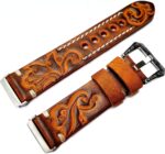 Embossed Brown with Orange Genuine Leather Band Compatible with Fitbit Versa 2 and Versa Smartwatch Luxury Tooled Strap Bracelet with Engraved Buckle - Image 2