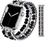 JR.DM Beaded Bracelet Compatible with Apple Watch Band 44mm 42mm 45mm 46mm Series 10/9/8/7/SE/6/5/4/3/2/1 Women Dressy Fancy Handmade Stretchy Strap Replacement for iWatch Bands(Black/Silver) - Image 2