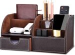 KINGFOM Pu Leather Desk Organizer Pen Pencil Holder Office Supplies Caddy Storage Box 6 Compartments with Drawer Brown - Image 2