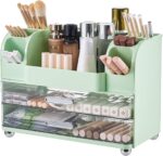 Makeup Organizer for Vanity with 2 Large Drawers, Cosmetic Display Case with Brush Holders, Easy to Storage for Bathroom Countertop Skincare, Desk Office Supplies, Green - Image 2
