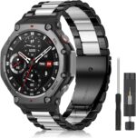 Metal Watch Band for Amazfit T-Rex 3 Band Beautifully Polished Stainless Steel Replacement Strap for Amazfit T-Rex 3 - Black Silver - Image 2