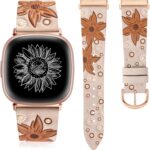 Minyee Leather Band Compatible with Fitbit Versa 4/Versa 3/Fitbit Sense 2/Sense Band Women, Boho Western Embossed Sunflower Floral Designer Cute Fancy Slim Thin Leather Strap for Versa 4 Smartwatch - Image 2