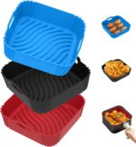 Redfly 3 Pack Air Fryer Silicone Liners, Square Air Fryer Liners, Silicone Air Fryer Liners Reusable for 6-8 QT, Airfryer Liner Silicone, Air Fryer Accessories Red&Blue&Black, Top 9.3 In, Bottom 8 In - Image 2