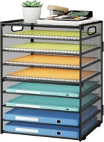SUBEKYU 9 Tier Paper Organizer for Desk - Black Metal Mesh Letter Tray File Paper Sorter Organizer Include 6 Pcs Adjustable Height Slid Tray with Handles for Office School Home Organization Storage - Image 2