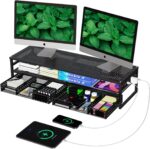 Simple Trending 2 Tier Metal Monitor Stand Riser with USB 2.0 and Charging Prot , Computer Office Desktop Organizer for 2 Monitors With Two Drawer Storage and Reusable Cable Ties,for Printer, TV, Black - Image 2