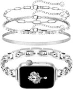 Slim Silver Band and 3Pc Bracelet Set Women Feminine Elegant Compatible with Apple Watch 42mm 44mm 45mm 46mm 49mm Adjustable Metal Strap Dressy Chain for iWatch Series 10/9/8/7/6/5/4/3/2/1/SE/Ultra1 2 - Image 2