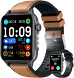 Smart Watches for Men Android iOS Phones: Smartwatch Men Black Leather Band Fitness Tracker Waterproof with Flashlight 1.96" Touchscreen Answer/Make Call Sport Heart Rate Sleep Alarm Timer Brown - Image 2