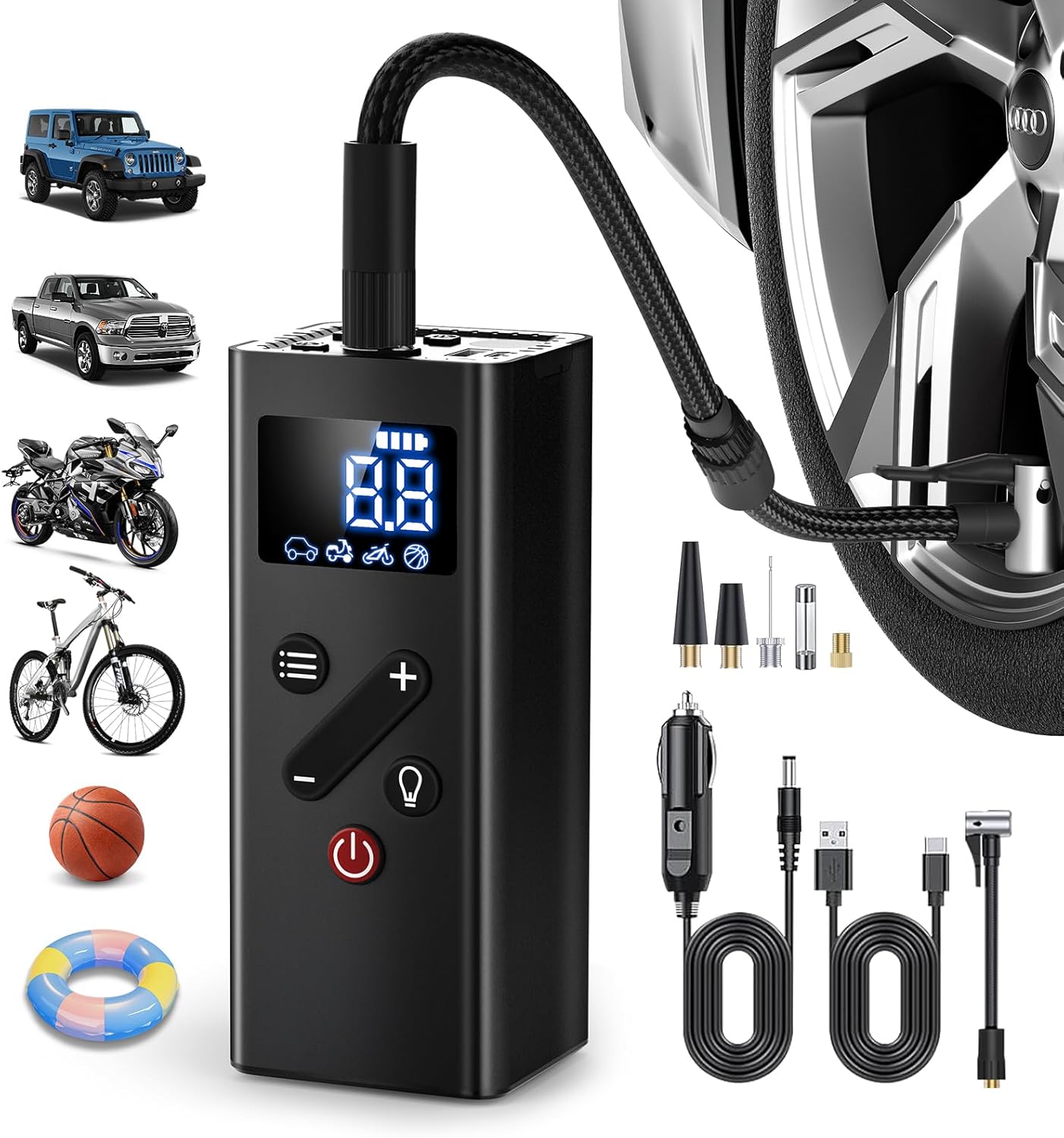 Tire Inflator Portable Air Compressor, 150PSI Cordless Air Pump for Car Tires, 4X Faster Bike Tire Pump with Pressure Detection, Air Pump for Car Tires for Car Motor Bike Ball (Black) - Image 2