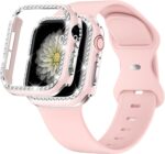 XYF Compatible for Pink Apple Watch Bands 44mm 45mm 46mm 42mm 45mm 40mm 38mm Women with Bumper Case, Silicone Strap Glitter Bling Face Cover for iWatch SE Series 10 9 8 7 6 5 4 3 2 1 - Image 2